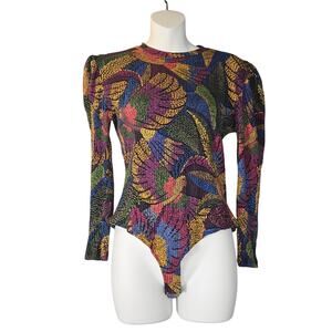 Farm Rio Womens Large Bodysuit Stretch Parrot Colorful Tropical Birds Festival